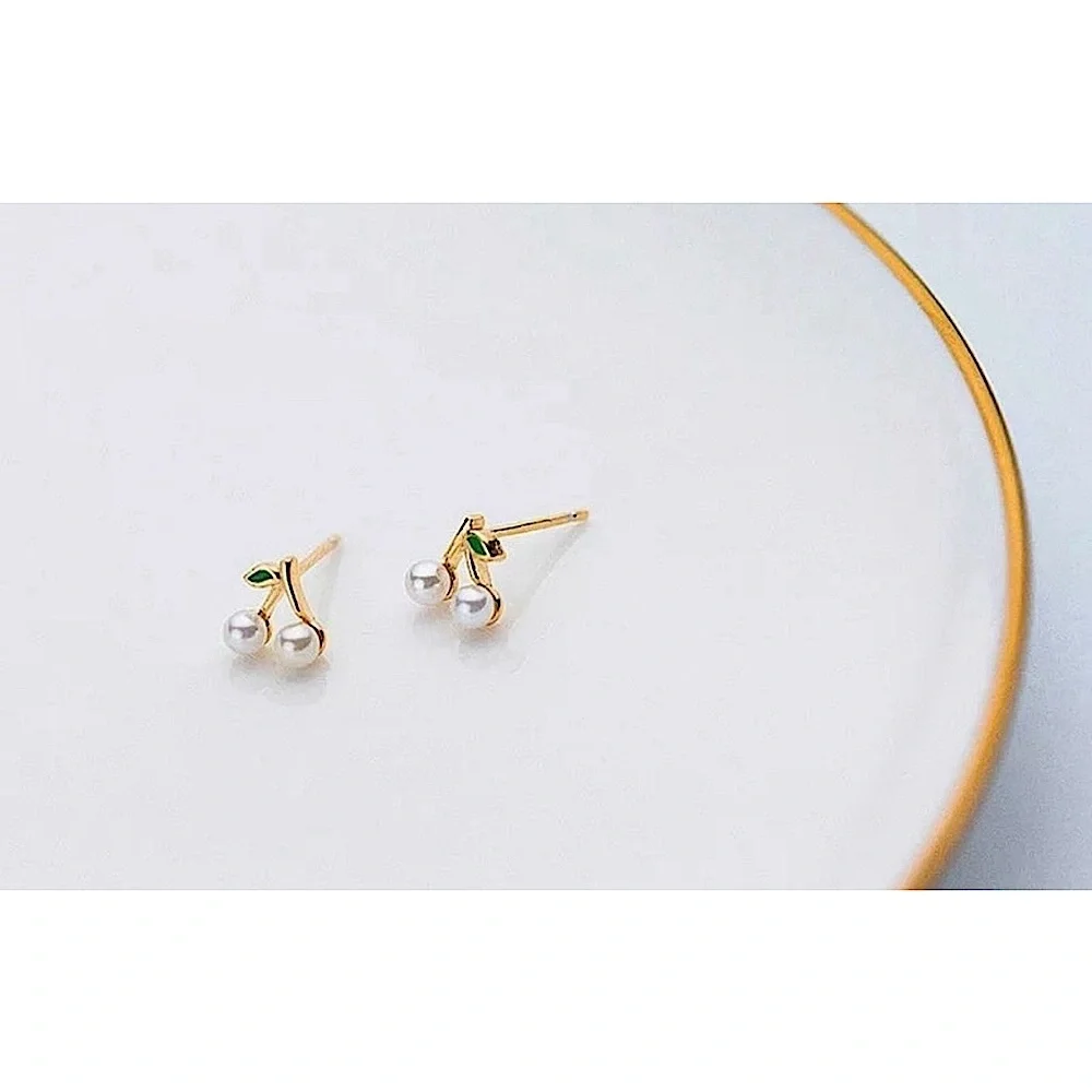 NEW Women's‎ Earrings Gold Plated S925 Dainty Cherries Studs Size 0.7 x 0.3 cm