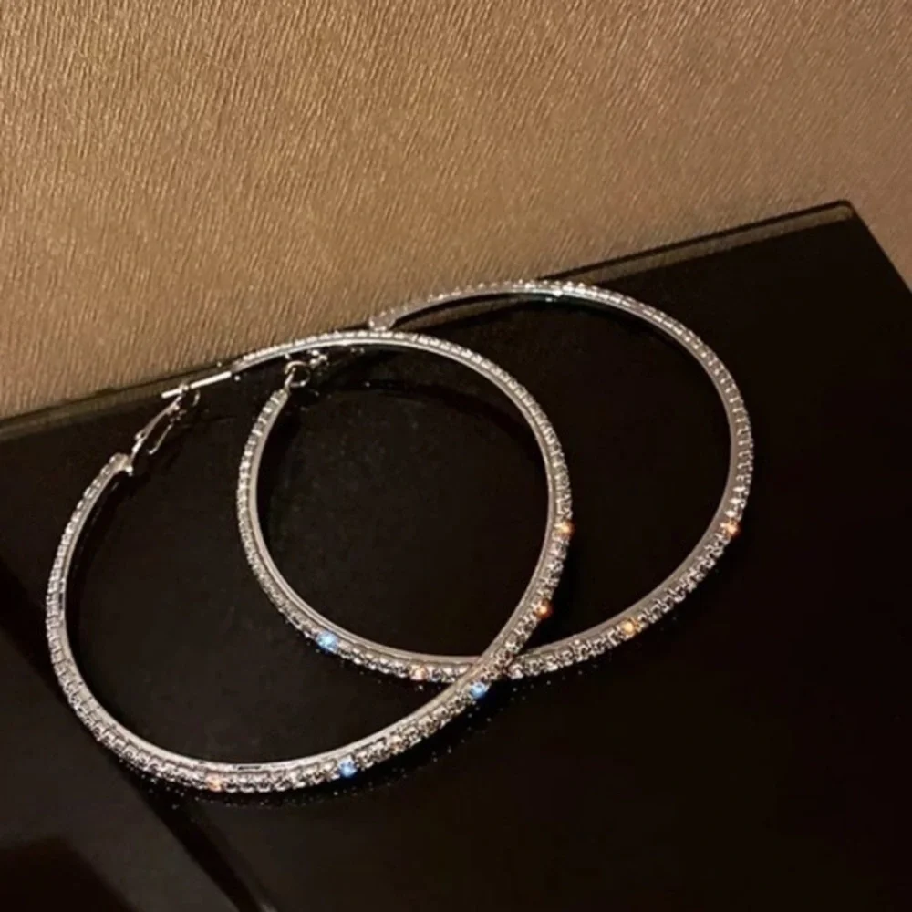 18k White Gold CZ Pave Stone Large Hoops Hoop Earrings