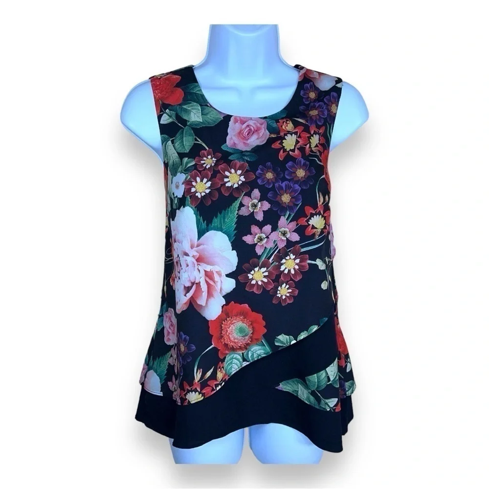 XS NEW YORK AND CO BLACK FLORAL SLEEVELESS BLOUSE LIGHTWEIGHT TOP COLORFUL