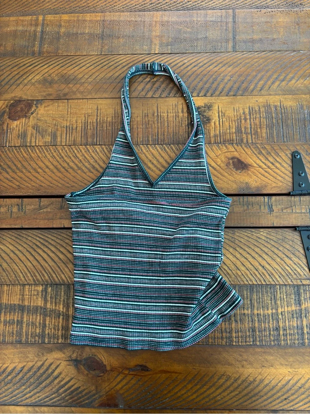 Striped Ribbed Racerback Crop Top in Black and Teal