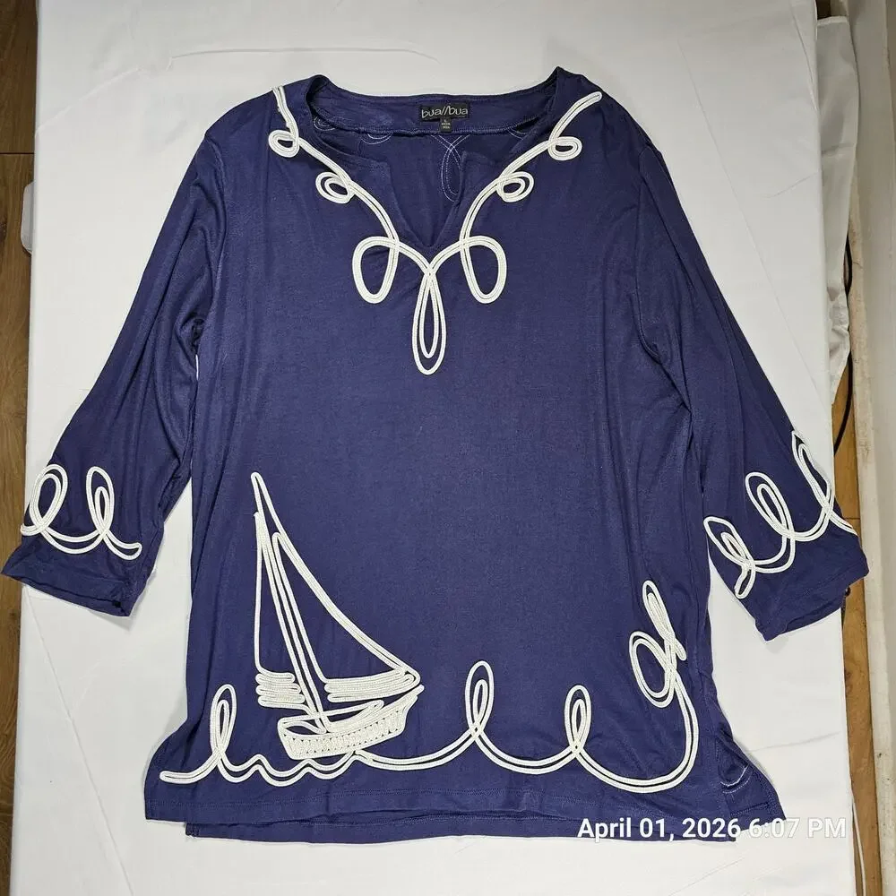 BaliBua Nautical Sailboat Tunic Top Women‎ L Blue Embroidered Coastal Beach Boho