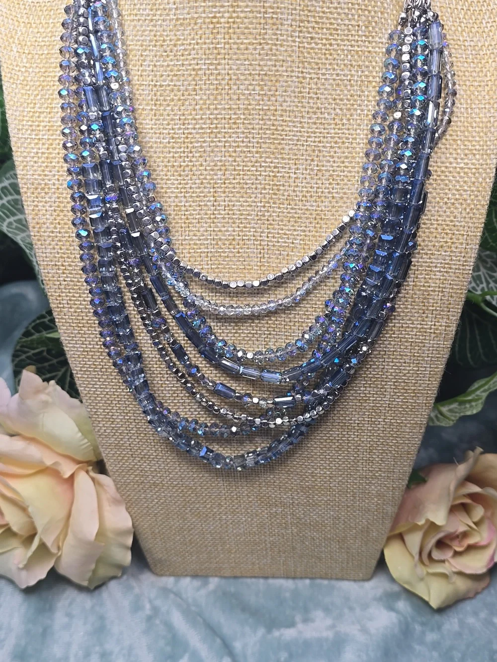 Blue AB Crystals & Silver Tone  Beaded 8 Strand Layered Necklace