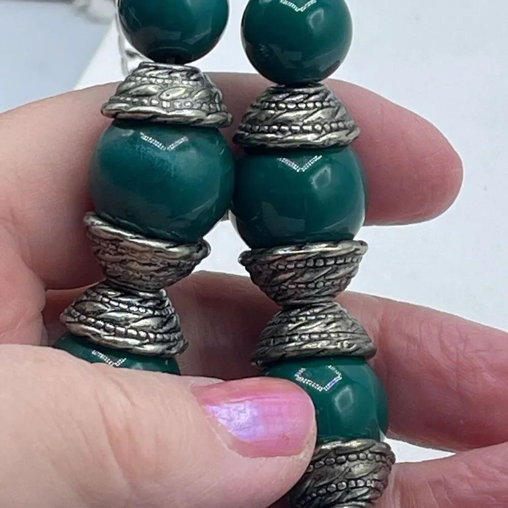Vintage boho festival green silver multi layer necklace.