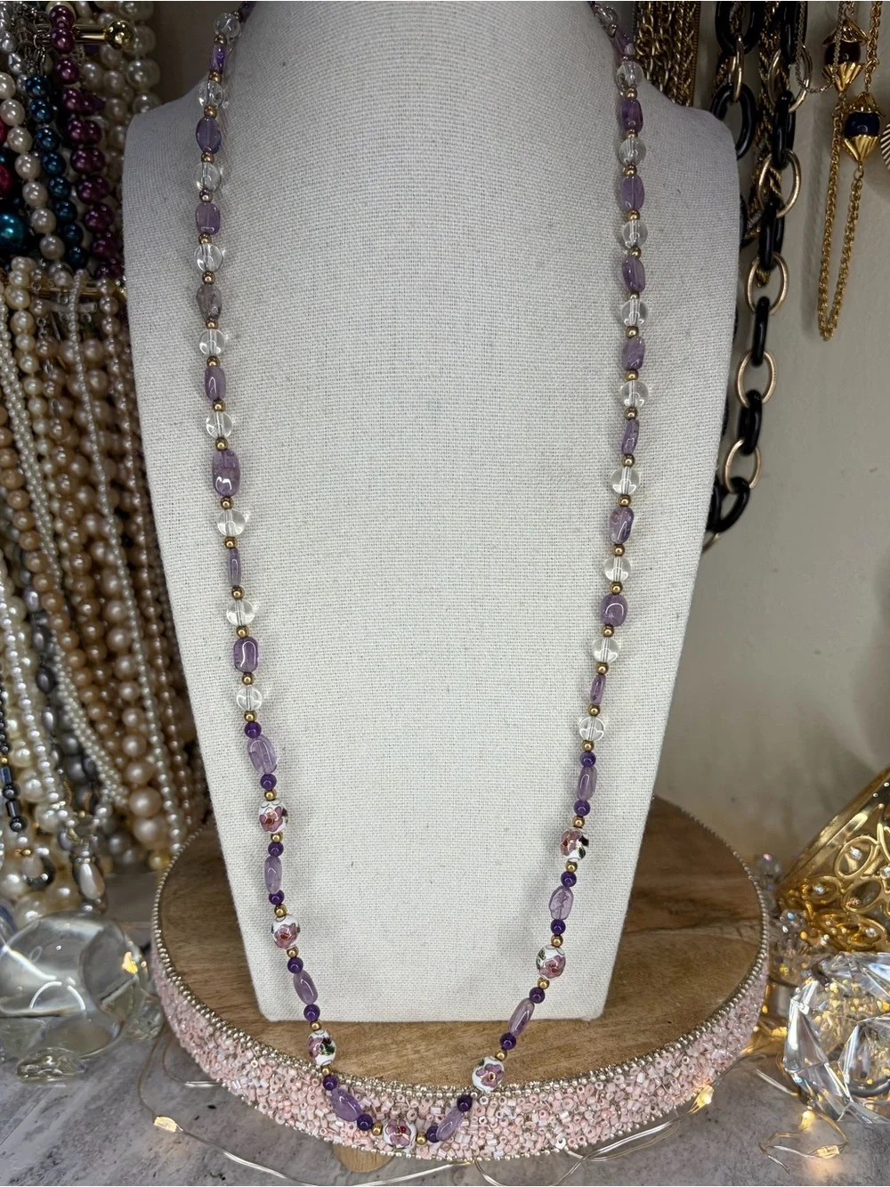 Glass Cloisonné Beaded Necklace Purple Floral Jewelry 28” Strand