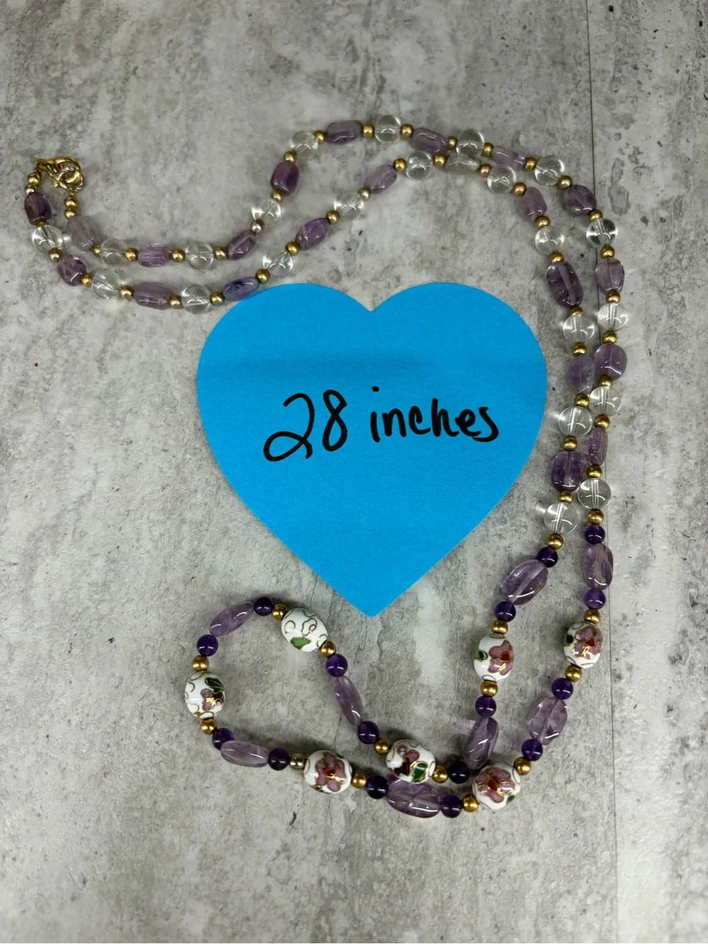 Glass Cloisonné Beaded Necklace Purple Floral Jewelry 28” Strand