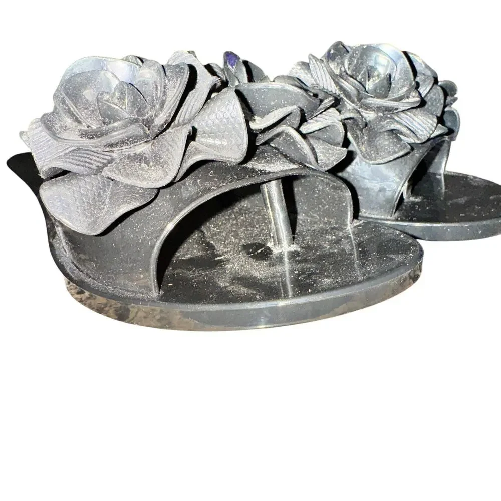 Melissa Babe Garden Slides Women's Size 6 Black Floral Slip On Shoe Sandals
