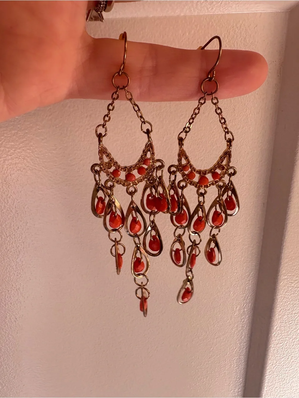 Gold-Tone Red Teardrop Chandelier Earrings