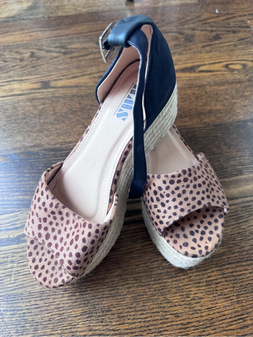 AMAS Leopard Print Brown Espadrille Wedge Sandals with Black Ankle Strap