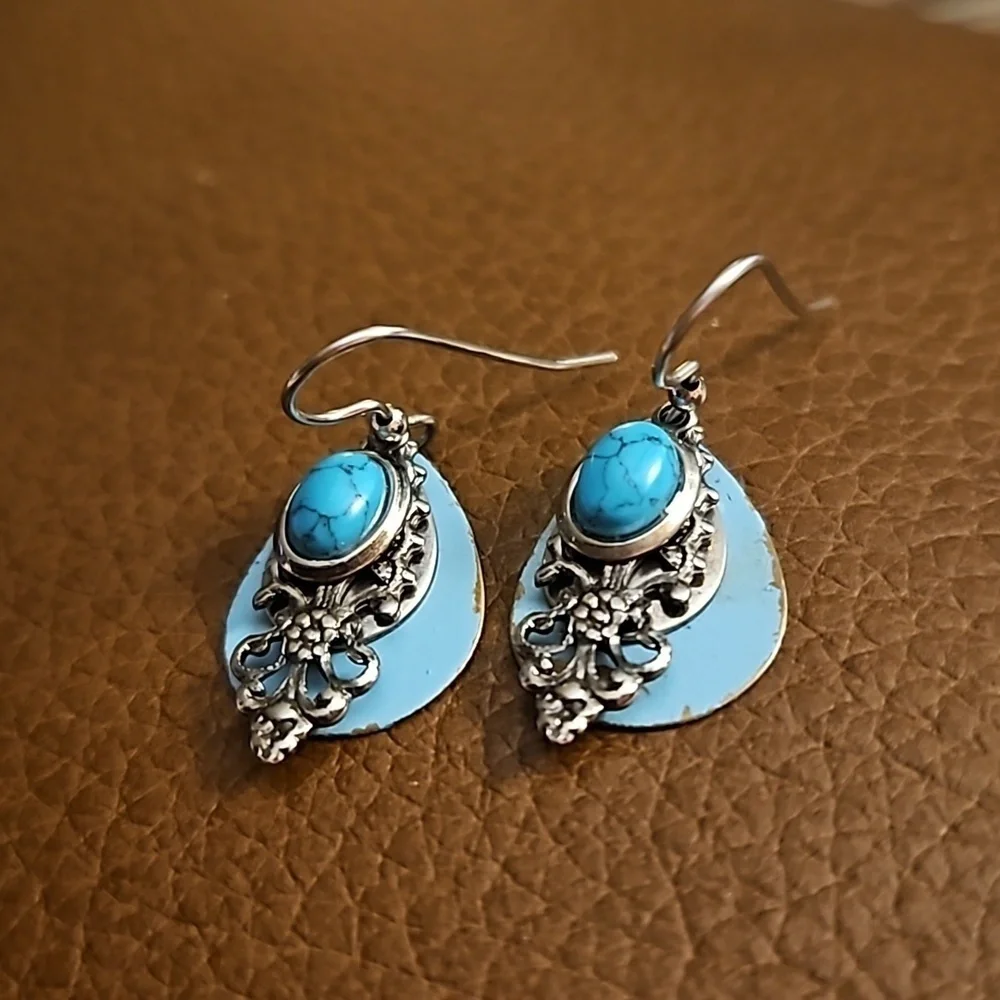 SILVER FOREST Teal Layered Filigree Teardrop Dangle Hook Earrings