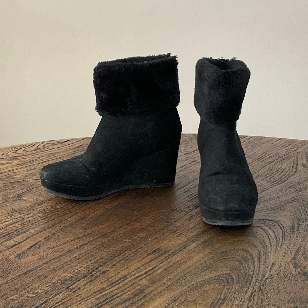 DKNY Black Faux Fur Wedge Boots