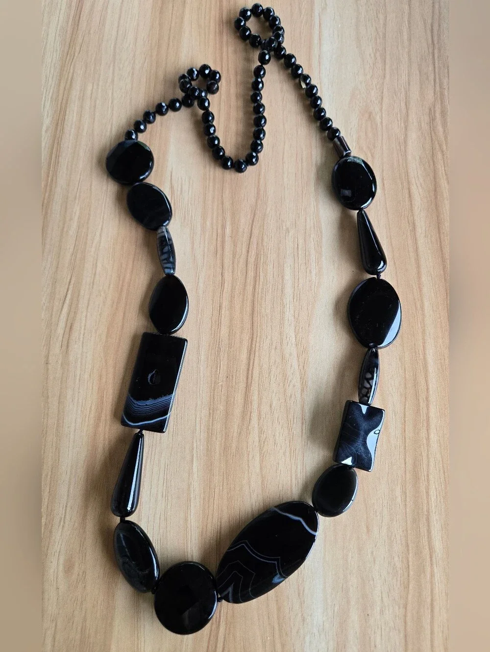 Natural Black Banded Agate Long Statement Necklace Mixed-Shape Beads Inclusions
