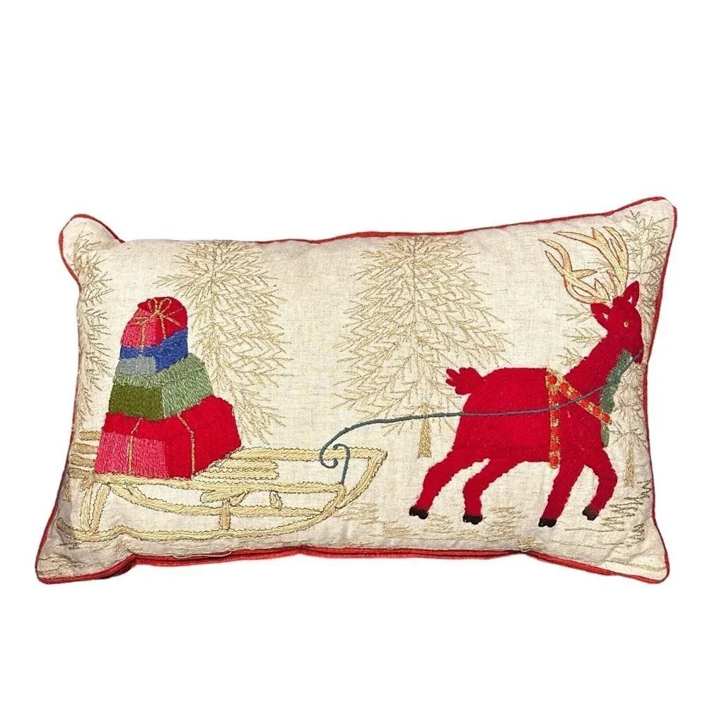 Accent Throw Pillow 12x20‎ Inch Santa Sleigh Reindeer Multicolor Embroidered EUC