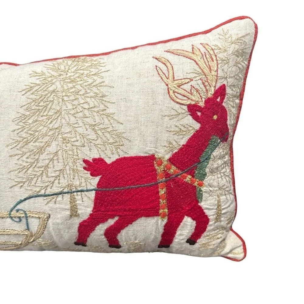 Accent Throw Pillow 12x20‎ Inch Santa Sleigh Reindeer Multicolor Embroidered EUC