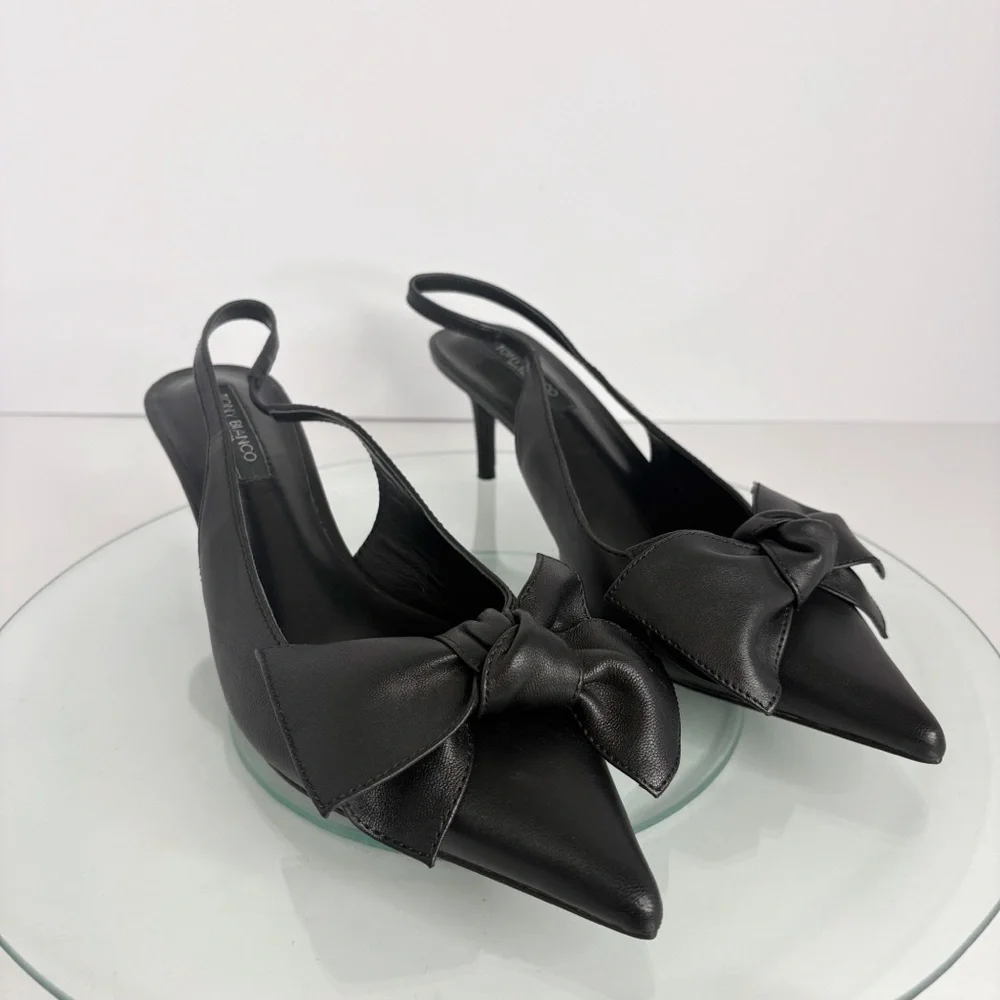 Tony Bianco Delilah Slingback Heels Black Leather Bow Pointed Toe Pumps Size 8