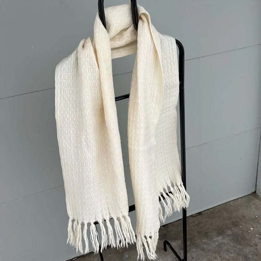 Vintage Cream Wool Woven Fringed Scarf Wrap 71