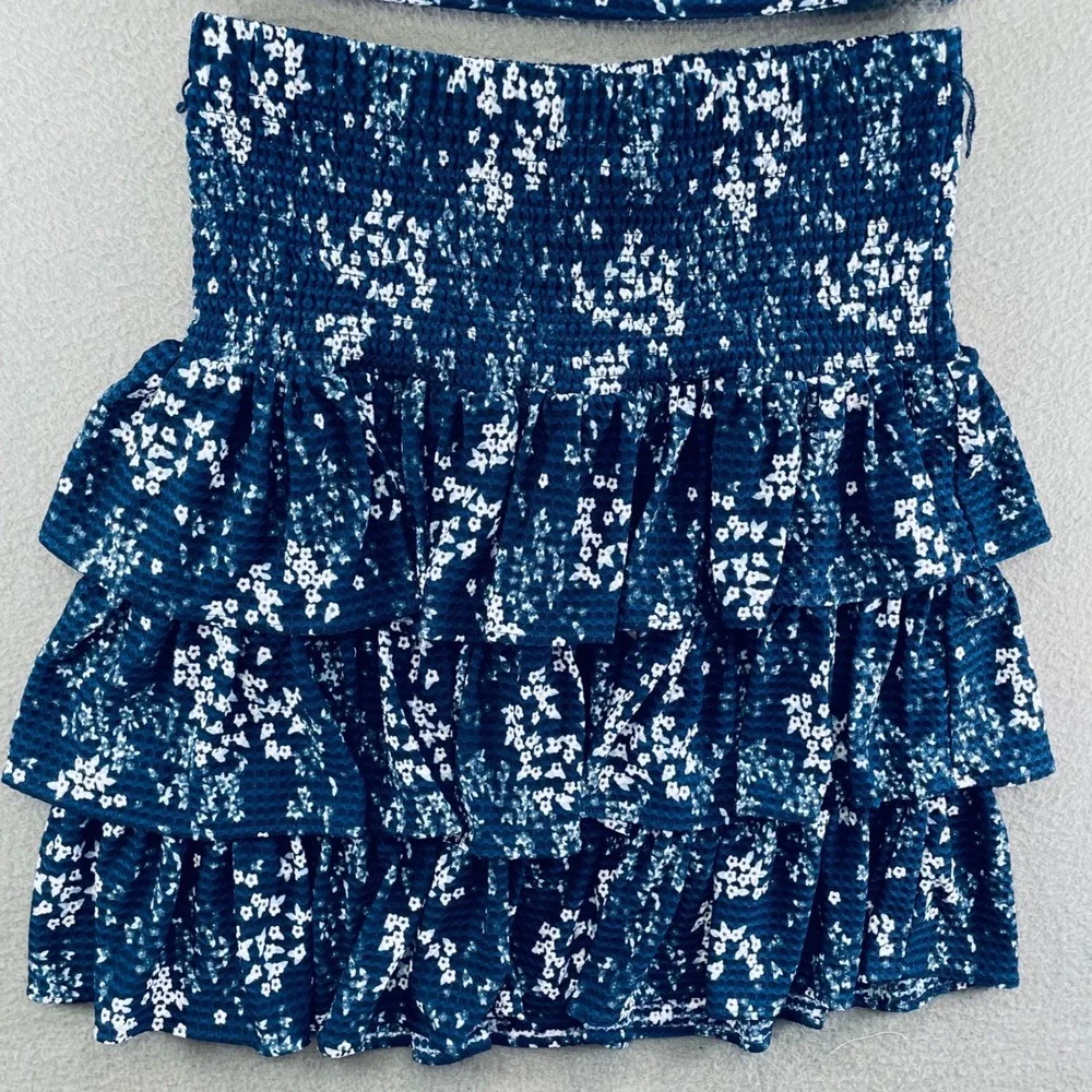 Michael Kors Women 2 Piece Floral Seersucker XS Tiered Bell Sleeve Ruffle Navy