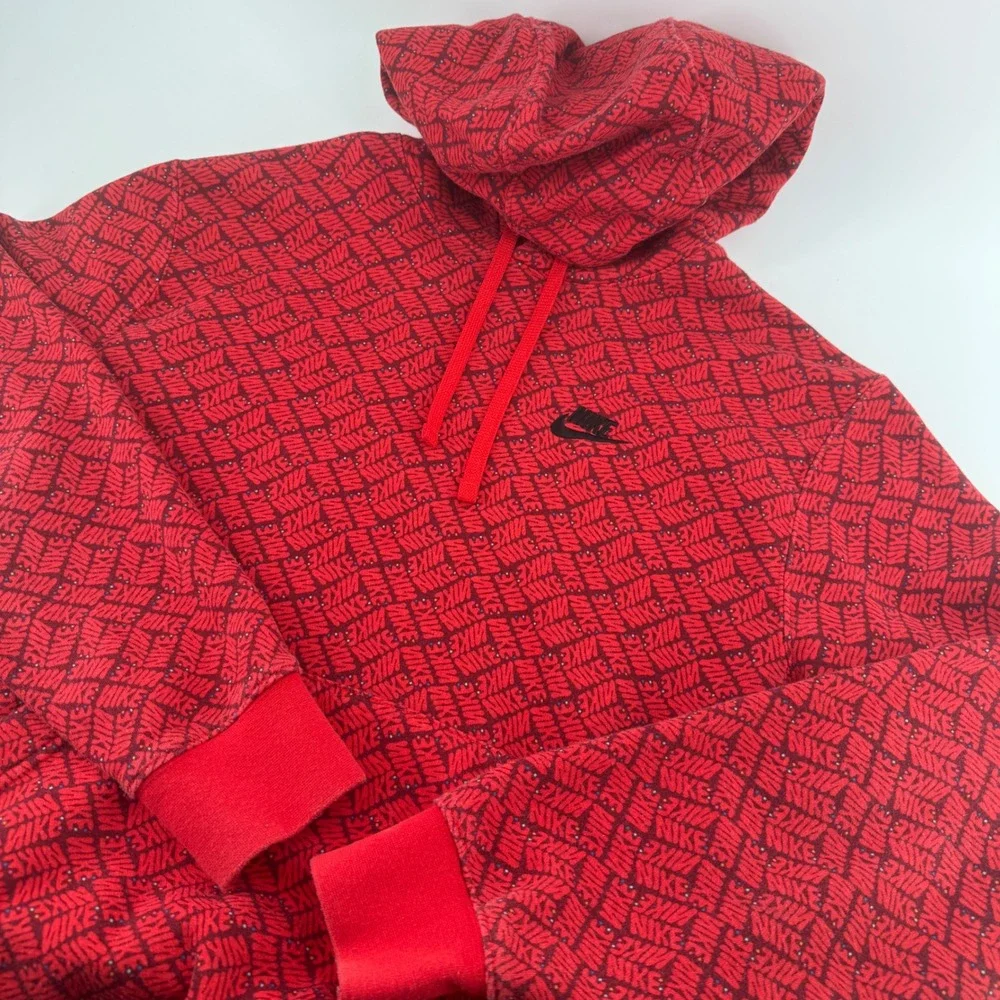 Nike Sportswear Club Fleece All Over Print Logo Hoodie Red Black Mens Small