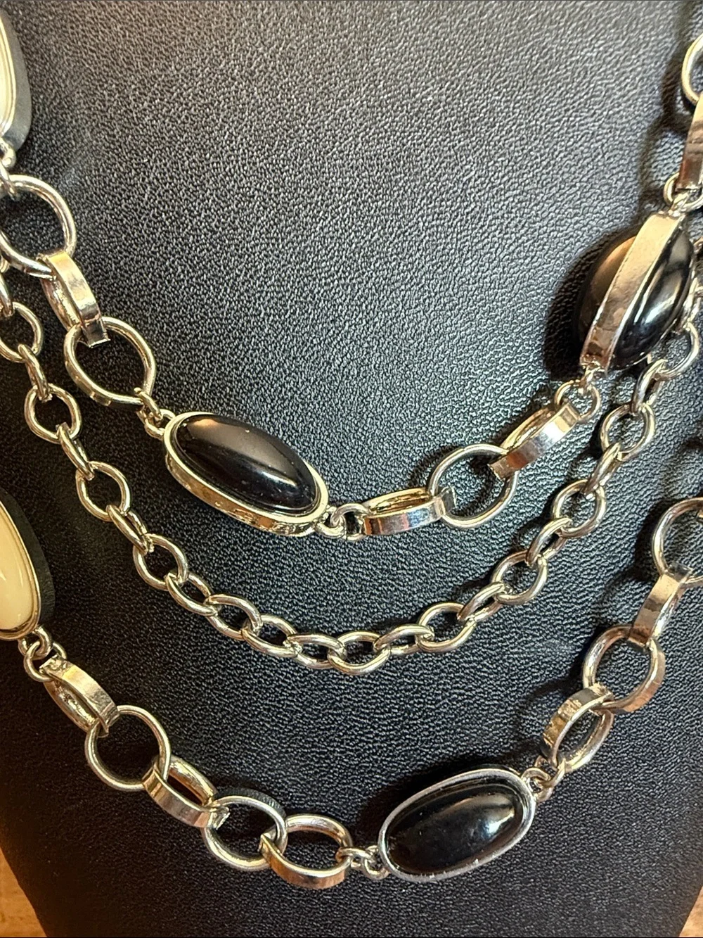 Layered Black and Cream Multi-Strand Silver Tone Necklace - Women Jewelry