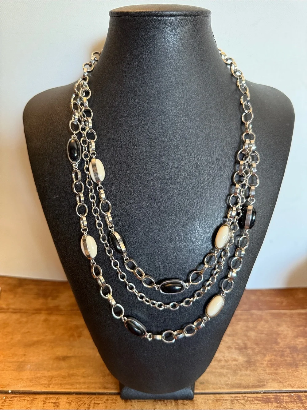 Layered Black and Cream Multi-Strand Silver Tone Necklace - Women Jewelry