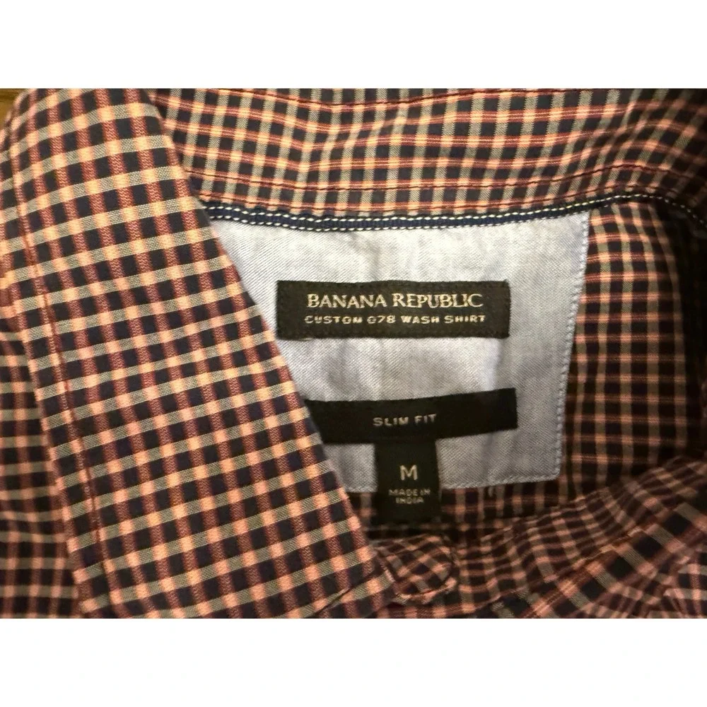 Banana Republic Custom 078 Wash Shirt Mens Medium Slim Fit Gingham Navy Burgundy