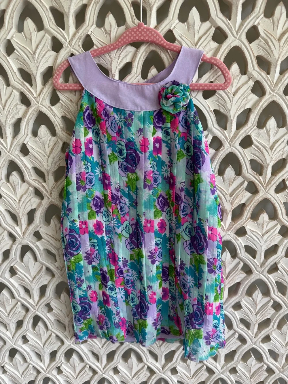 healthtex Lavender and Teal Floral Pleated Dress 3T