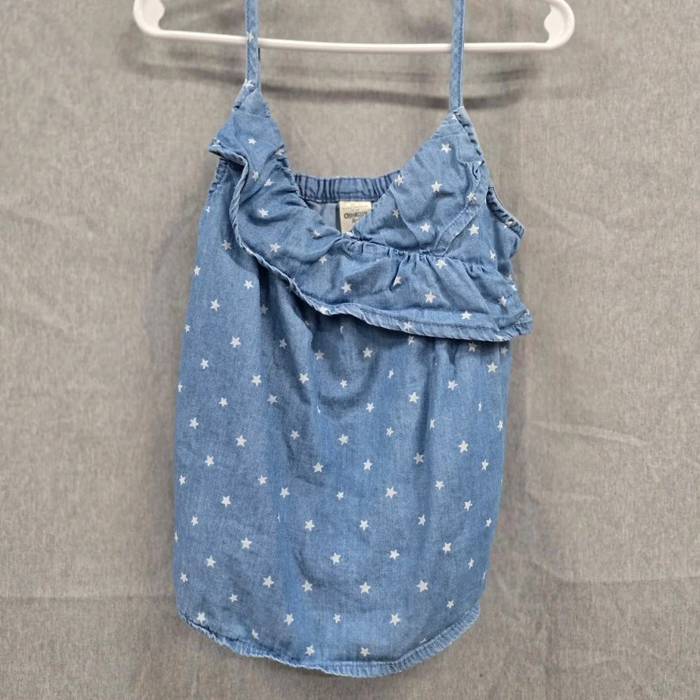 OshKosh Bgosh Girls Blue Star Print Chambray Ruffle‎ Camisole Tank Top Size 6/6X