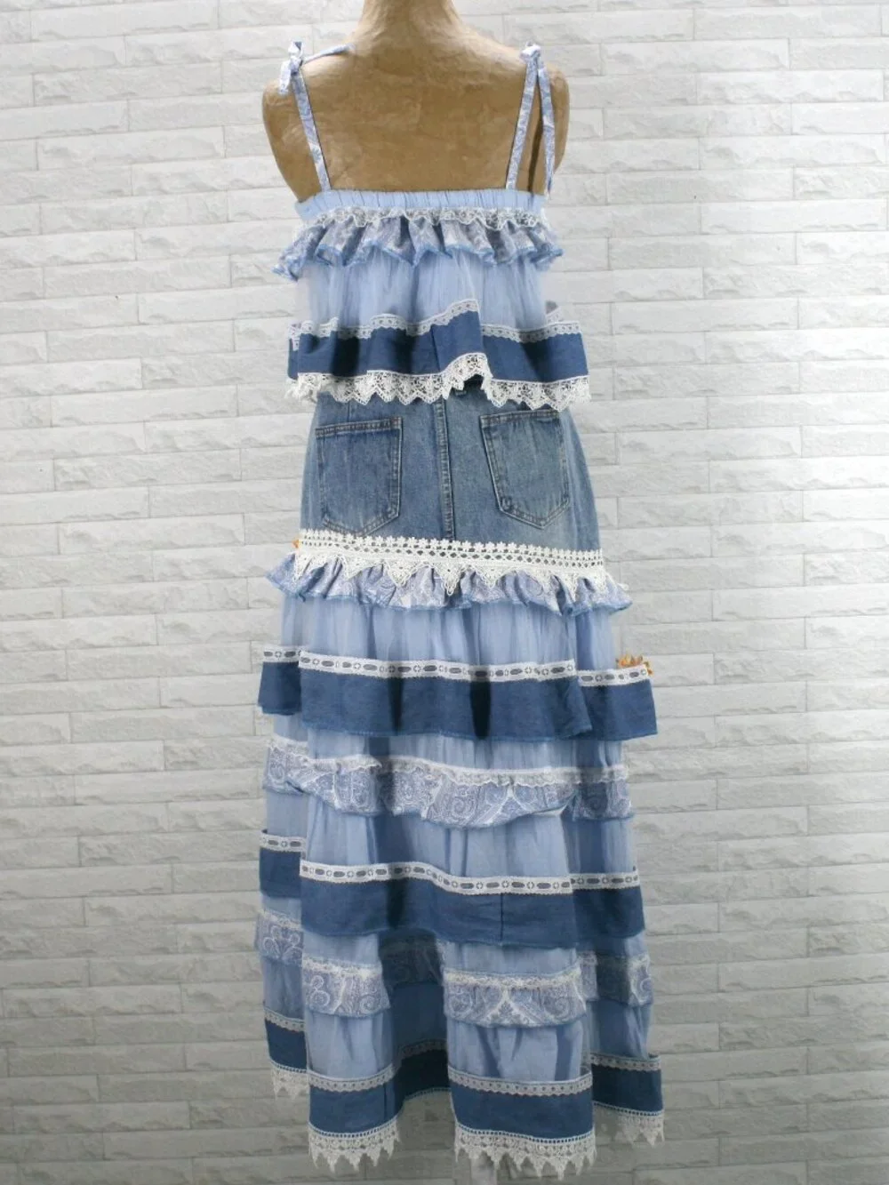 HAND CRAFTED Upcycled Skirt Set Denim Jean Lace Paisley Floral Maxi Blue Medium