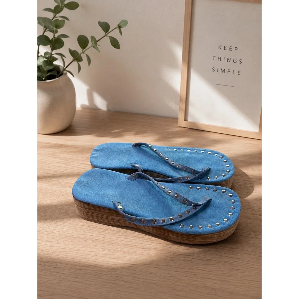 Blue Faux Suede Studded Platform Sandals Wedge Flip Flops Festival Western 8