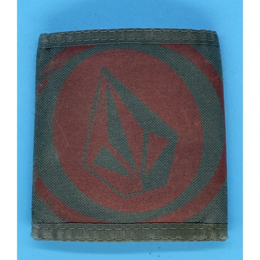 Vtg Volcom Stone Logo Trifold Wallet Cloth Gray Red Zipper Coin Pocket Rare Y2K