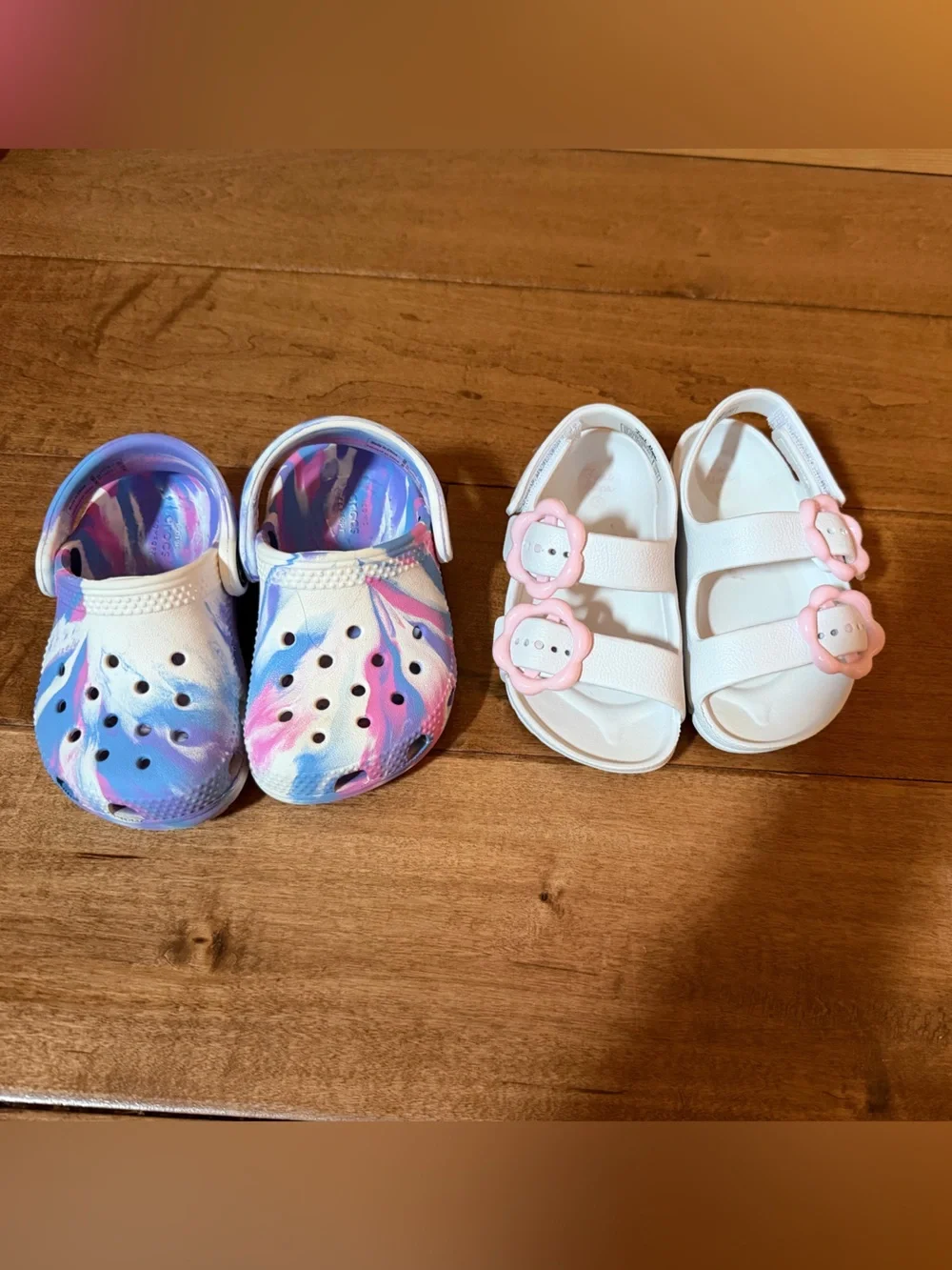 CROCS Kids White Sandals and Multi-Color Tie-Dye Clogs and first steps sandals