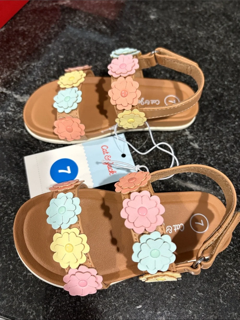 Cat & Jack Tan Sandals with Pink and Yellow Flower Accents