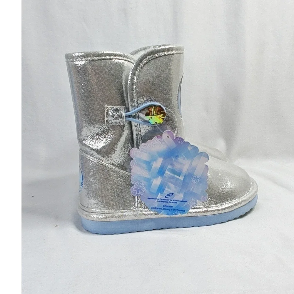 Disney Frozen Boots Silver Anna Elsa Faux Fur Metallic Snowflake Toddler 12 New