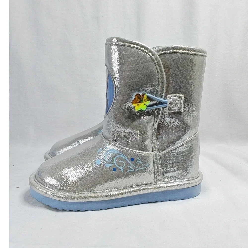 Disney Frozen Boots Silver Anna Elsa Faux Fur Metallic Snowflake Toddler 12 New