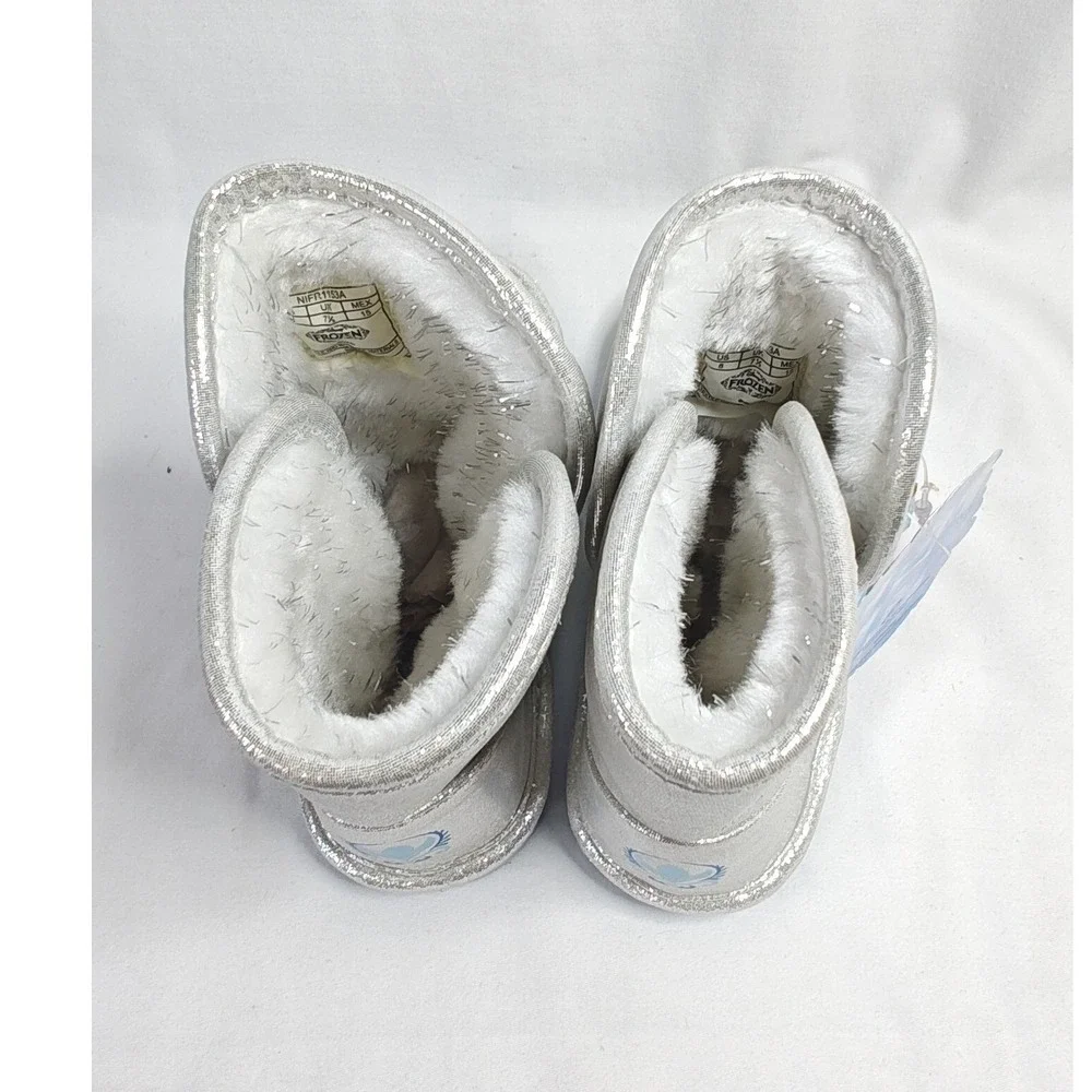 Disney Frozen Boots Silver Anna Elsa Faux Fur Metallic Snowflake Toddler 12 New