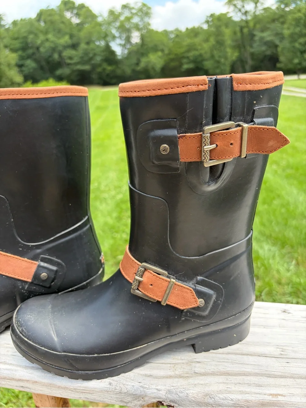 Black Rubber SPERRY TOP SIDER Walker Fog Mid Calf Fleece Lined Boots w/Straps 6