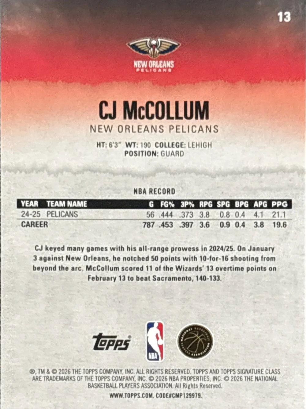 Topps Crescent City CJ McCollum Basketball Card