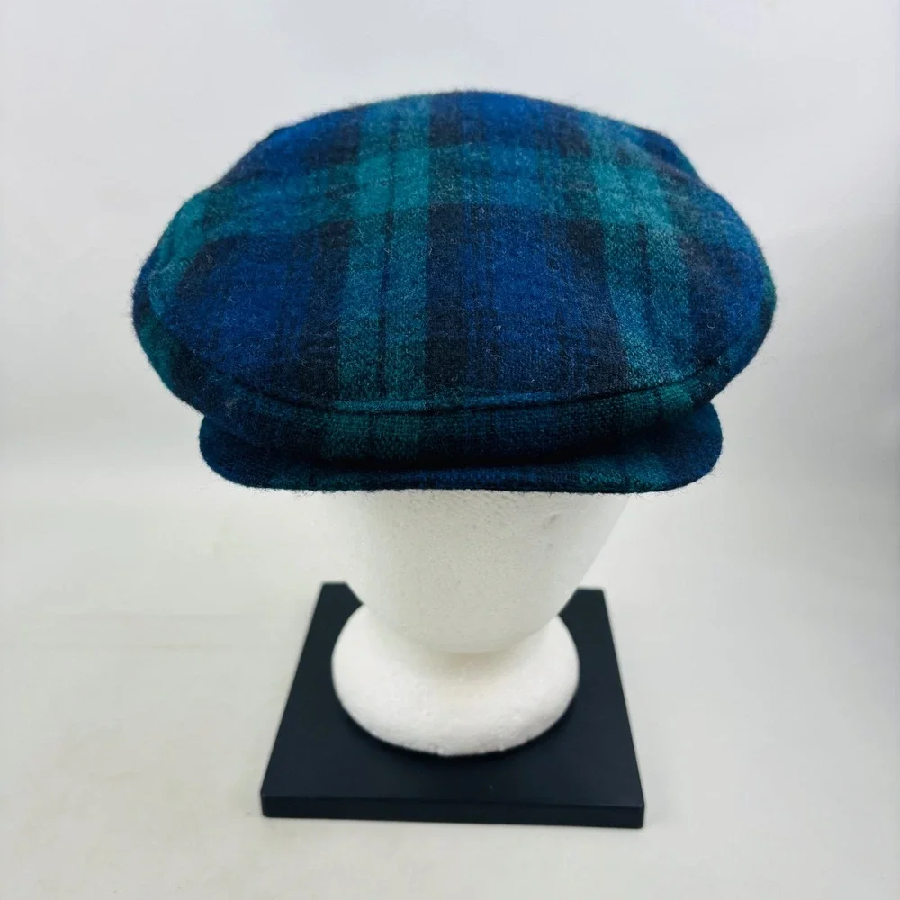 Vtg Minnesota Hats Flat Cap Ear Flaps Mens L Blue Green Plaid Wool Thinsulate