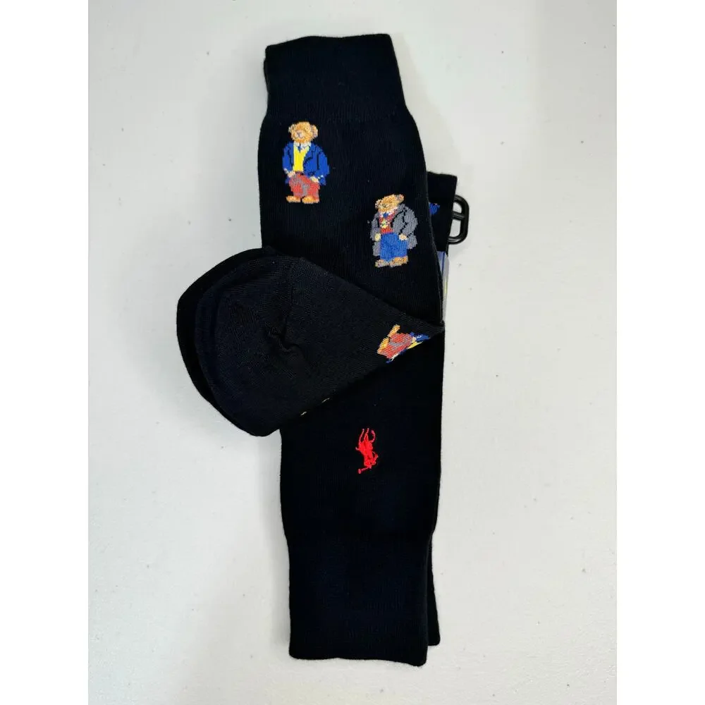 VTG Polo Ralph Lauren 2-Pack Black Cotton Blend Dress Socks RL Bear Logo 10-13