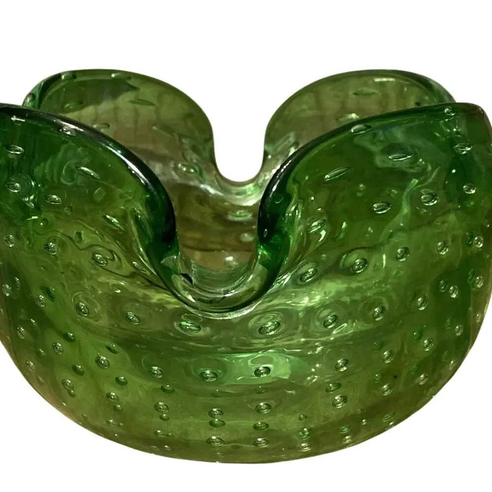 Vintage Italian Bullicante Art Glass Ashtray Murano Style Green Bowl 4.125