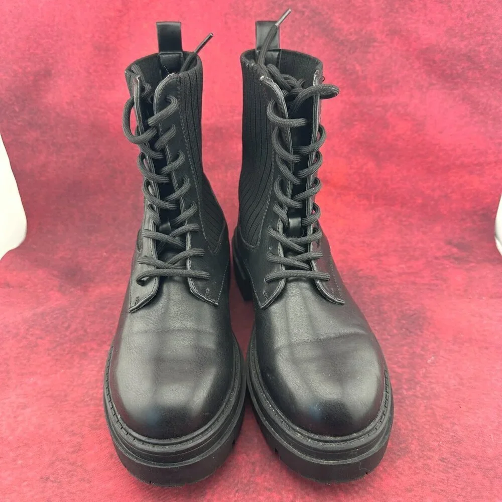 LILIANA WOMEN'S COMBAT BOOTS BLACK LACE-UP STRETCH RIBBET-KNIT SIDE PANEL,SIZE 7