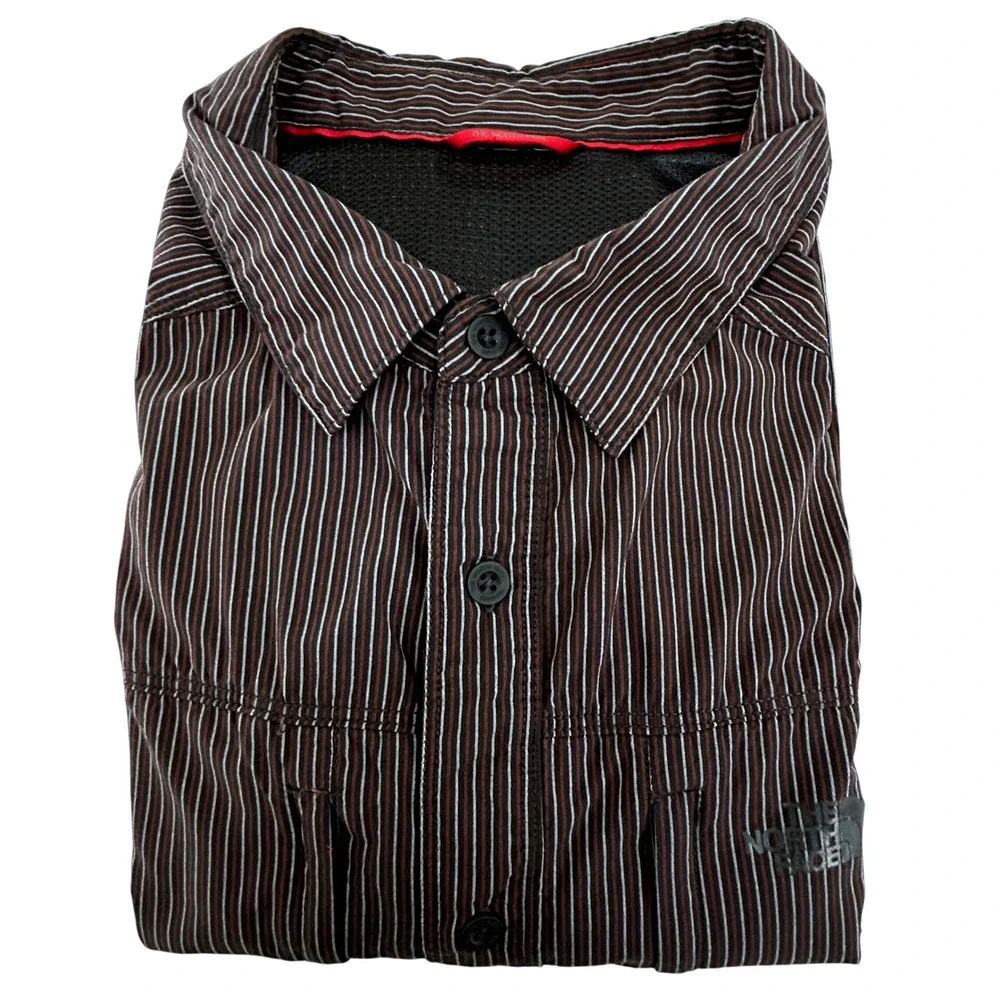 The North Face Men's Shirt Red Black White Stripes Roll Tab Zip Pockets Outdoor‎