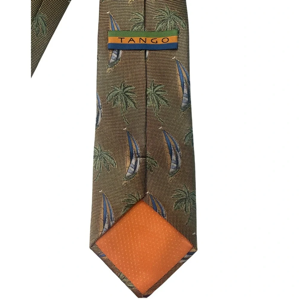 Tango Mens Necktie Palm‎ Tree Sailboat Silk OS Gold Tropical Nautical Summer Tie