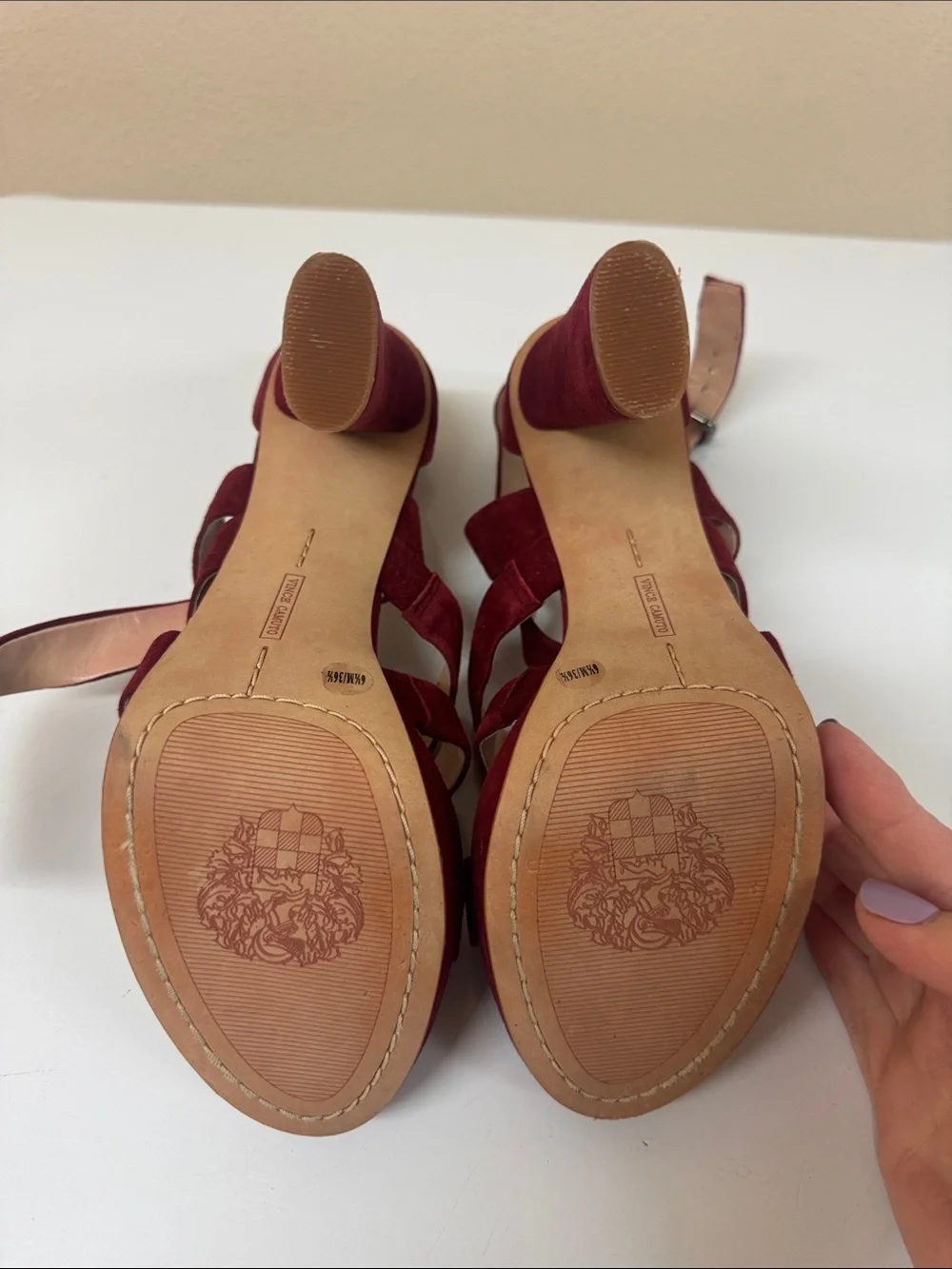 Vince Camuto Burgundy Suede Multi-Strap Block Heel Sandals