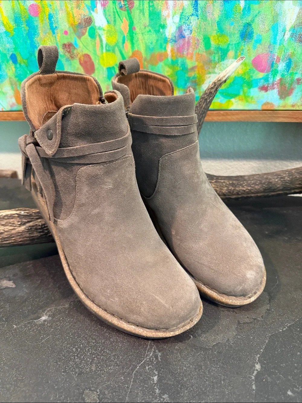 Born Suede Ankle Booties in Taupe with Side Tie