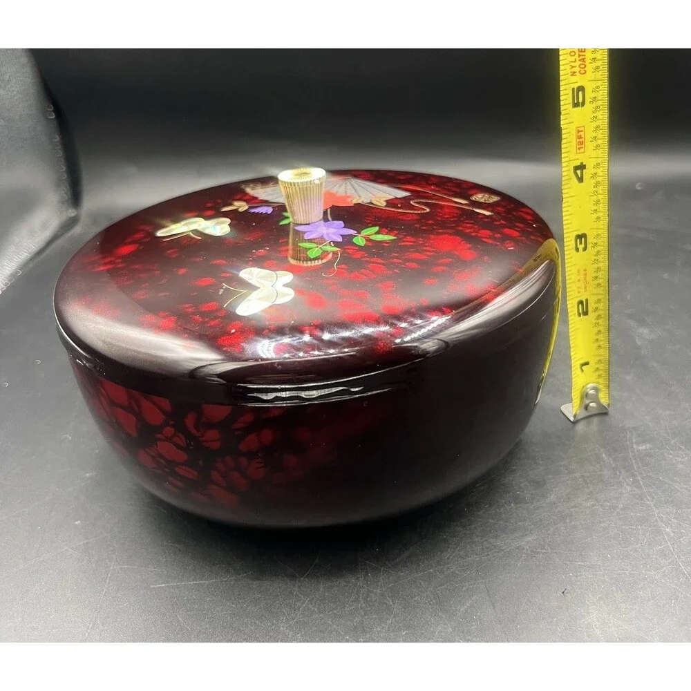 Vintage ONO Japanese Lacquer Style Jewelry Trinket Box Red Floral Fan Made Japan