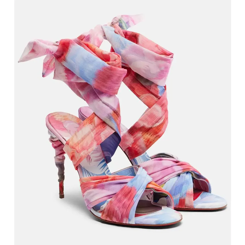 Christian Louboutin Affabula Lace Up 100 Pink Floral Tie Sandal Heel Pump 37