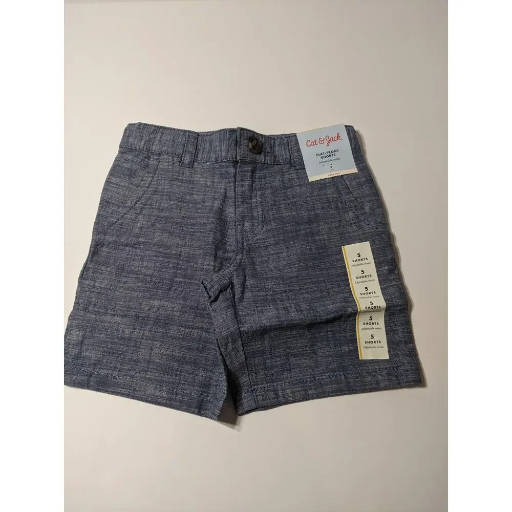 Cat & Jack Boys Flat Front Chino Shorts Blue 5 Stretchy Adjustable Waist Pockets