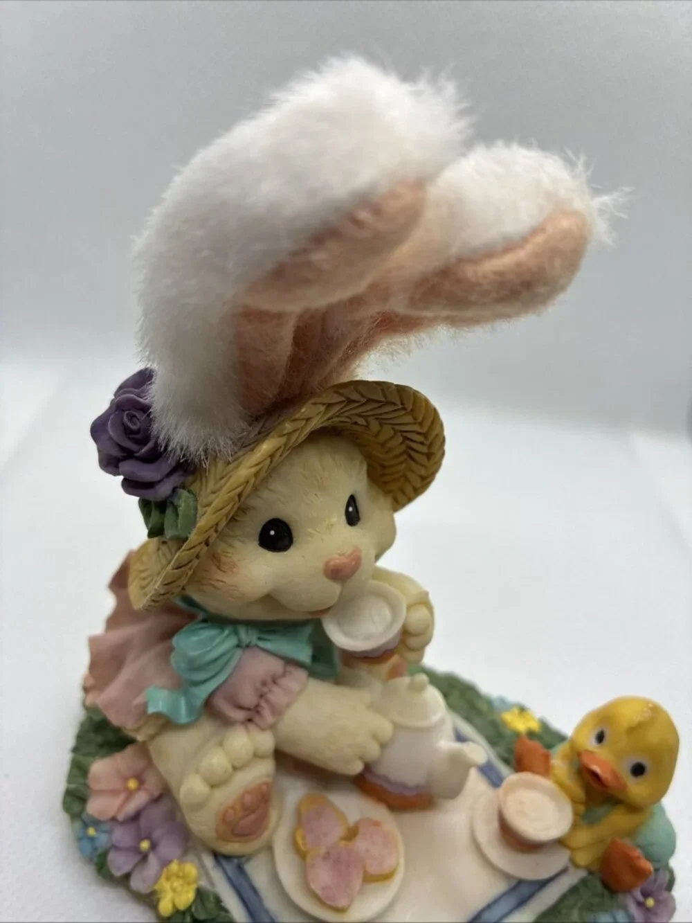 Vintage Easter Bunny Tea Party Figurine Chick Picnic Resin Decor Fuzzy Ears