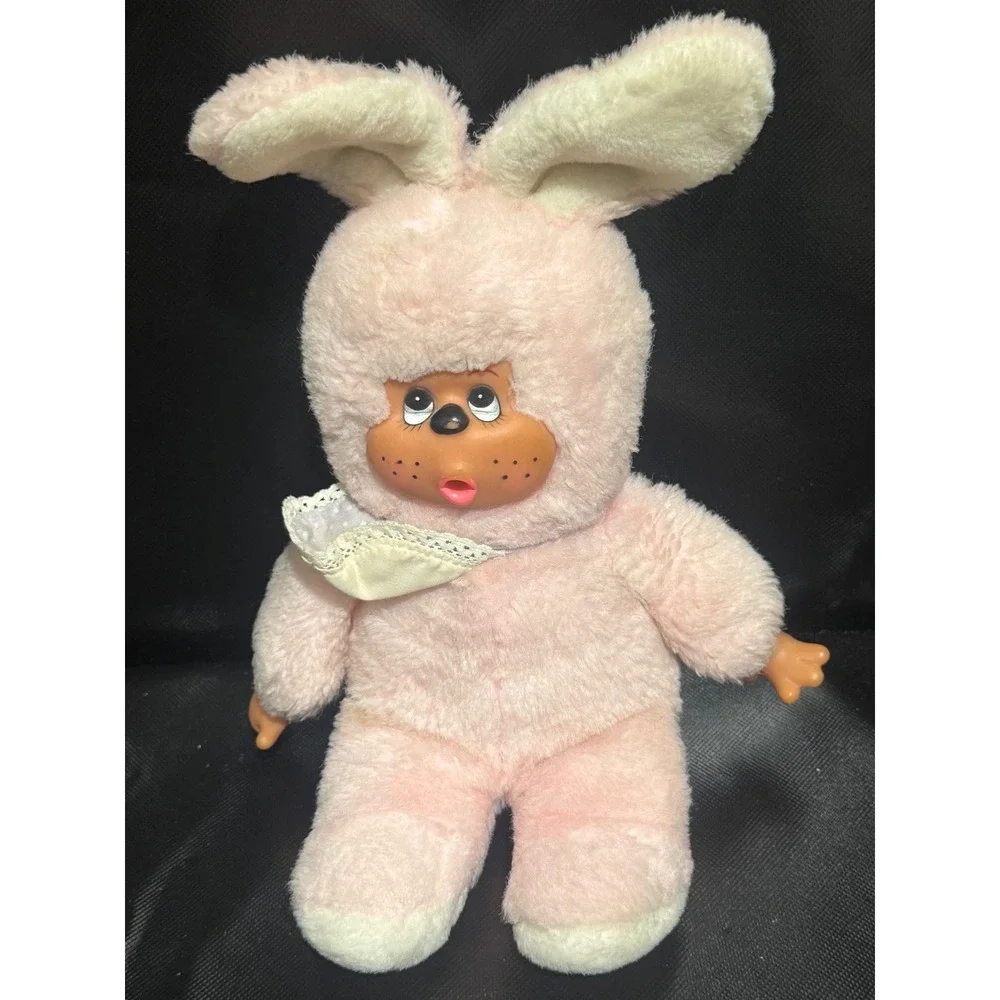 Vintage Sekiguchi Monchhichi Style Pink Bunny Plush Thumb Sucker Doll Retro 80s