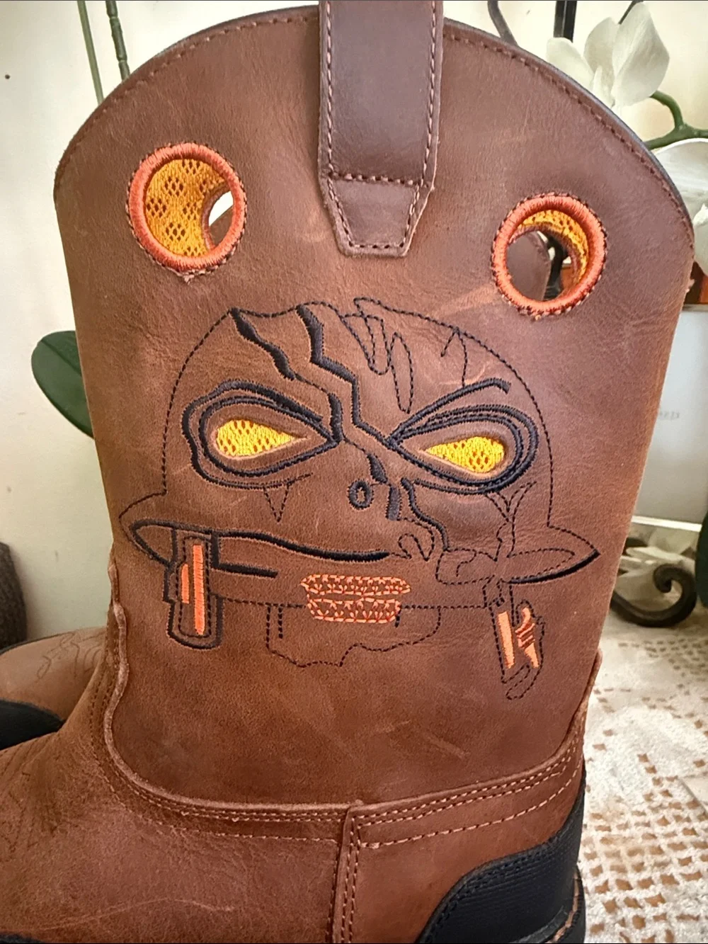 Cody James Brown Leather Western Work Boots with Orange Accents sz6 D